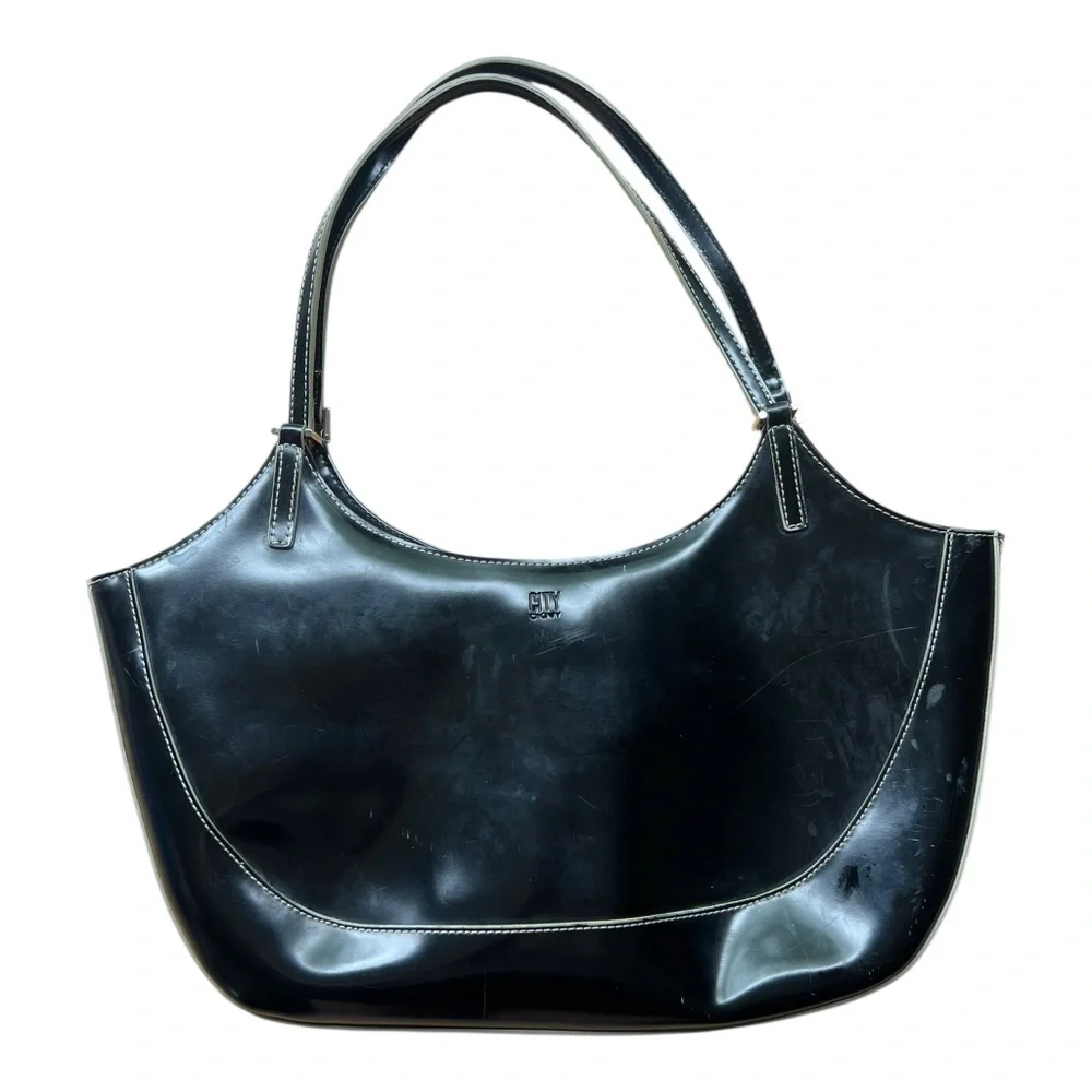 Vintage Y2K DNKY Faux Patent Leather Black Shoulder Bag - Picture 1 of 4
